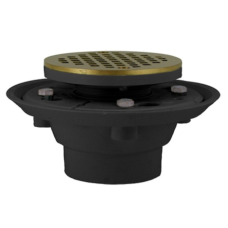 Jones Stephens 2in. x 3in. PVC Shower Drain with 2in. PVC Spud and 4in. Round Polished Brass Cast Strainer D50132